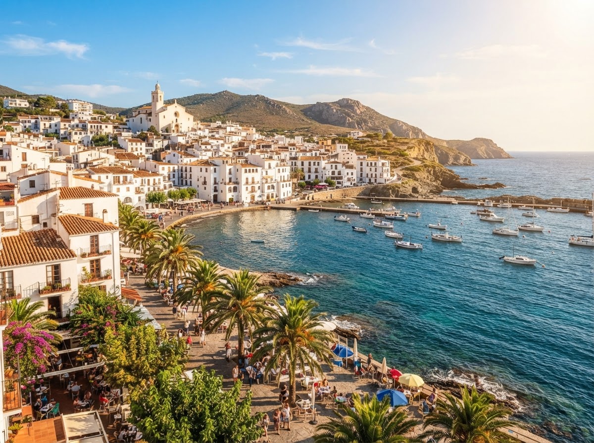 Sun-drenched Iberian coastal town with terracotta rooftops and blue Atlantic water