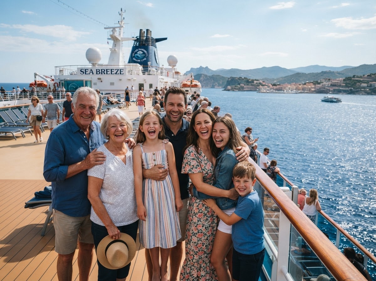 A happy multigenerational family group enjoying the top deck of a cruise ship together during the day with open sea behind them