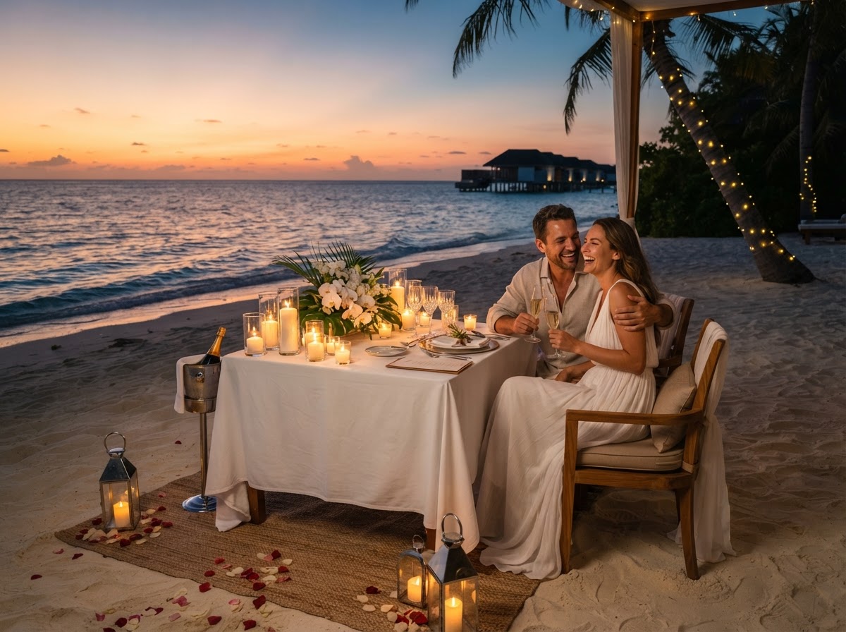 A romantic private dinner table for two on a beach at sunset with candles