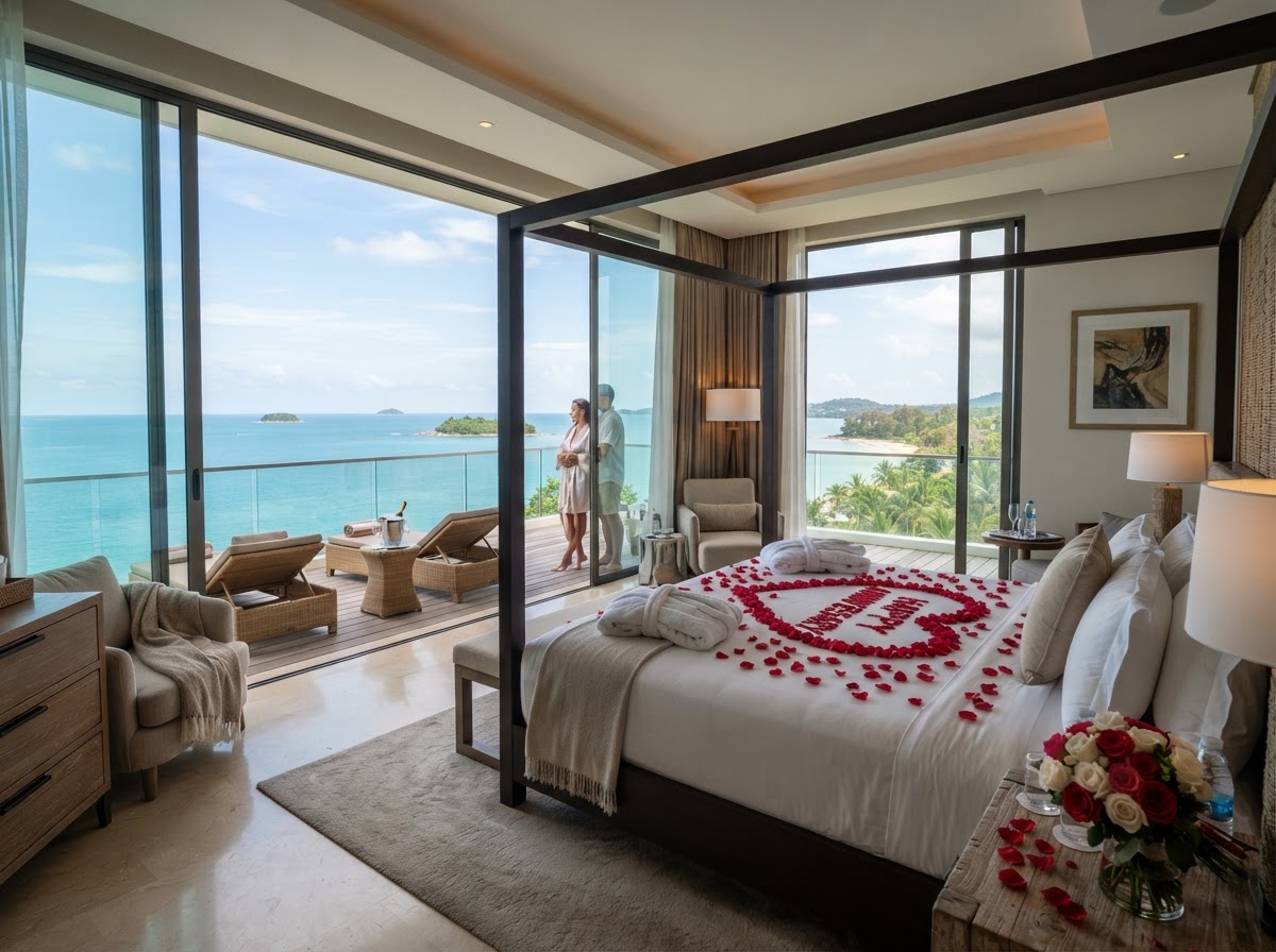 A luxury resort suite with rose petals on the bed and ocean views through floor-to-ceiling windows