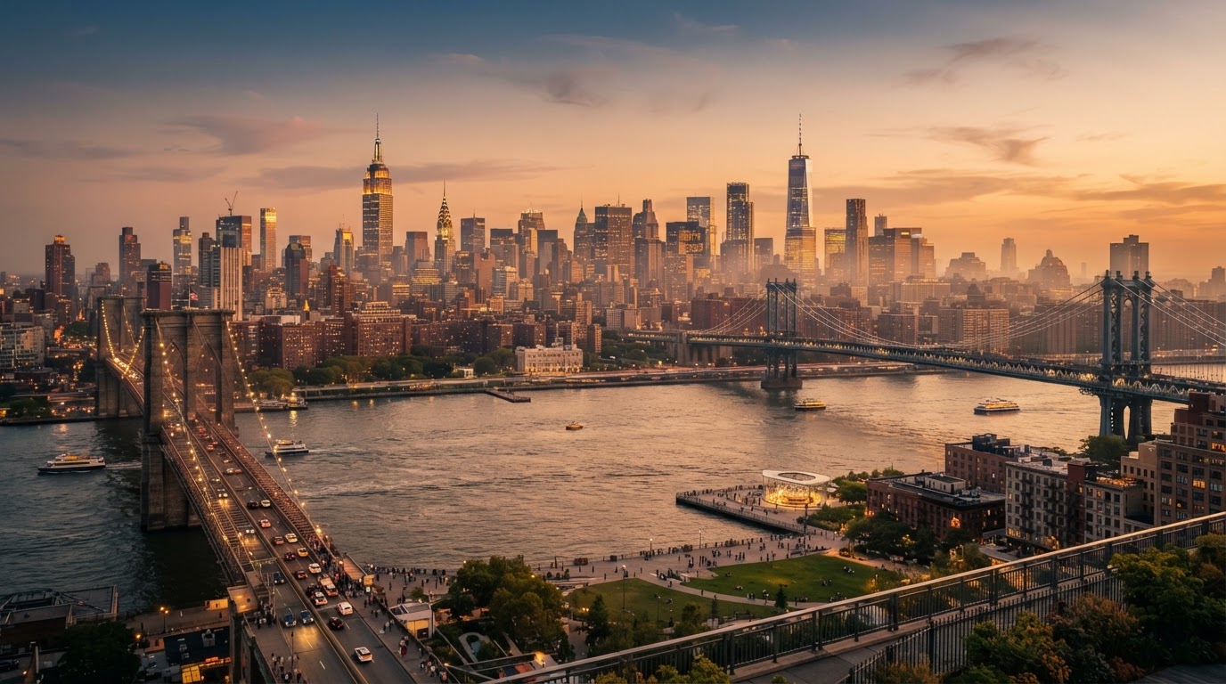 U.S. city skyline glowing at golden hour with a river and bridges in the foreground