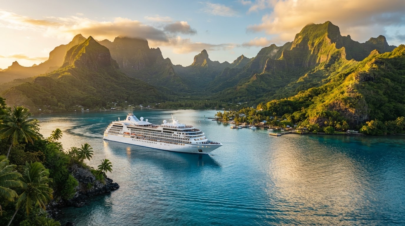 A cruise ship gliding into a dramatic tropical bay framed by green volcanic islands rising from turquoise water at golden hour