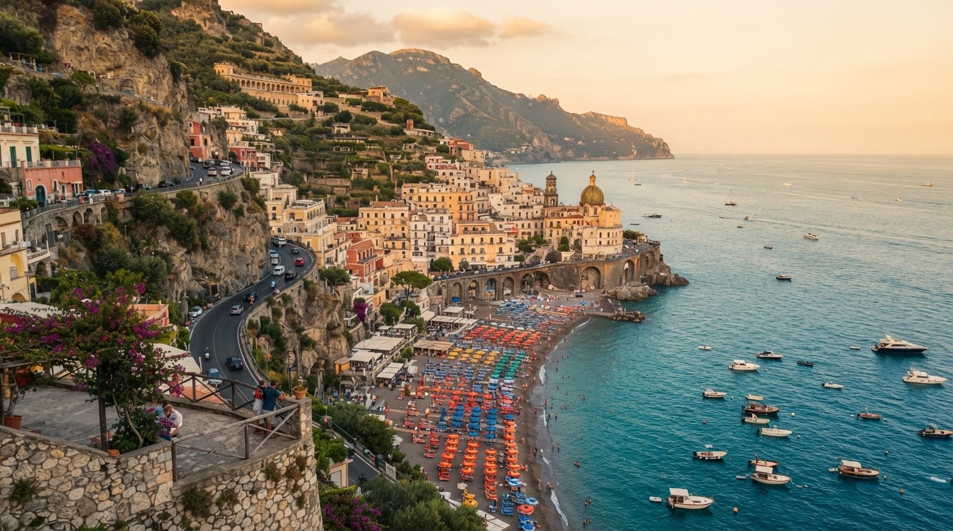 Sunlit Mediterranean coastal village with pastel buildings cascading down cliffs to turquoise water