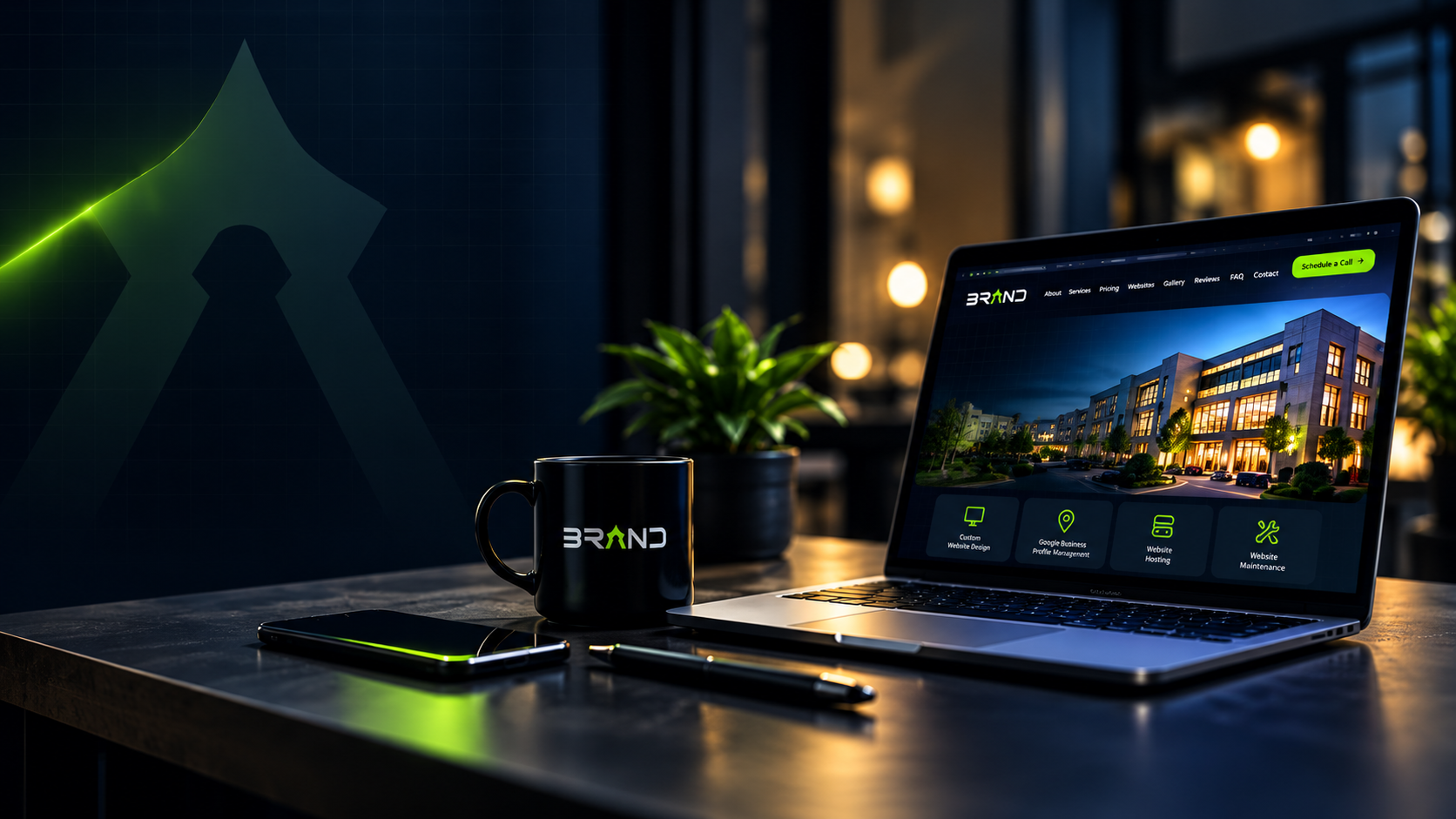 Brand Design Workspace with Laptop and Custom Website