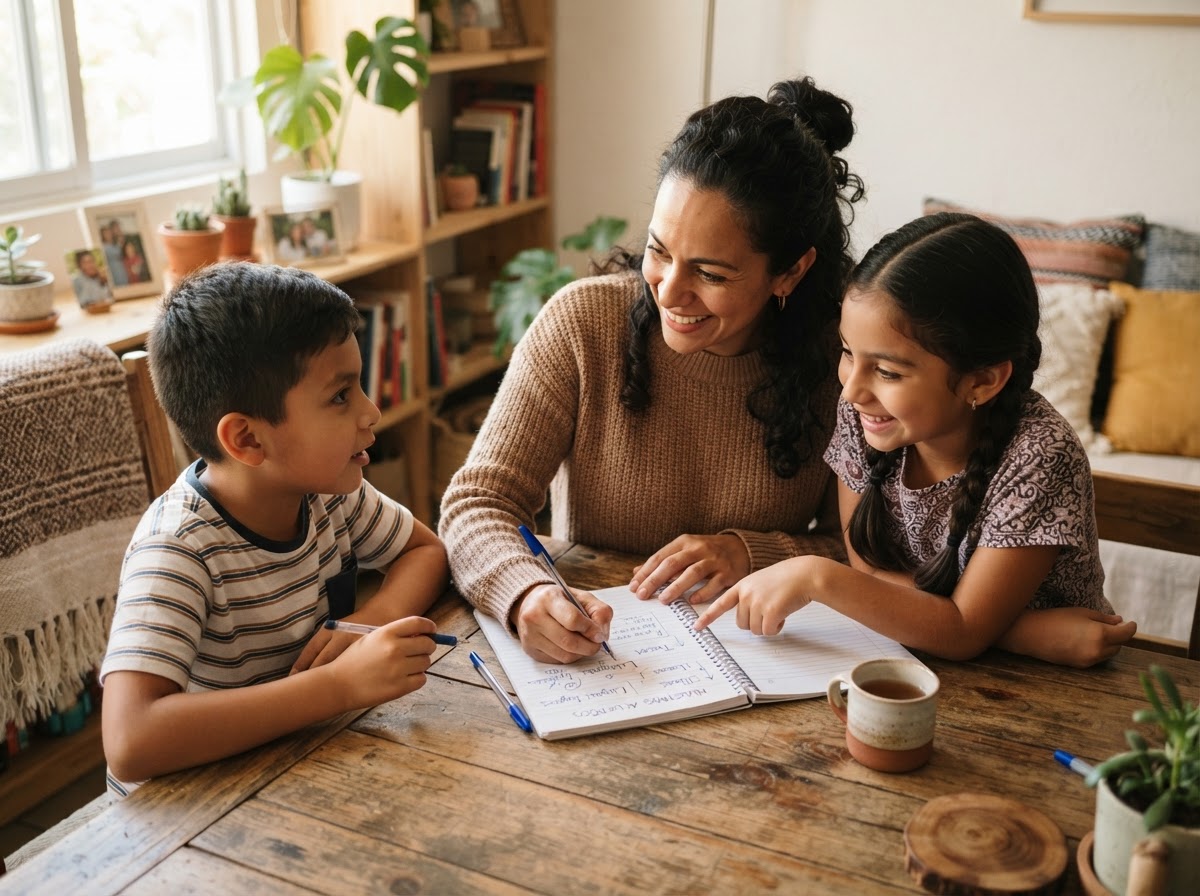 Familia escribiendo acuerdos juntos en una libreta sobre la mesa