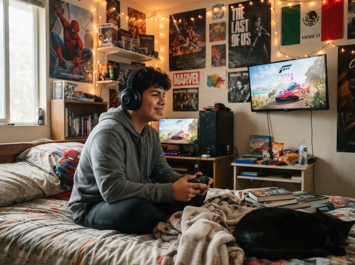 Adolescente jugando videojuegos con audífonos en su habitación