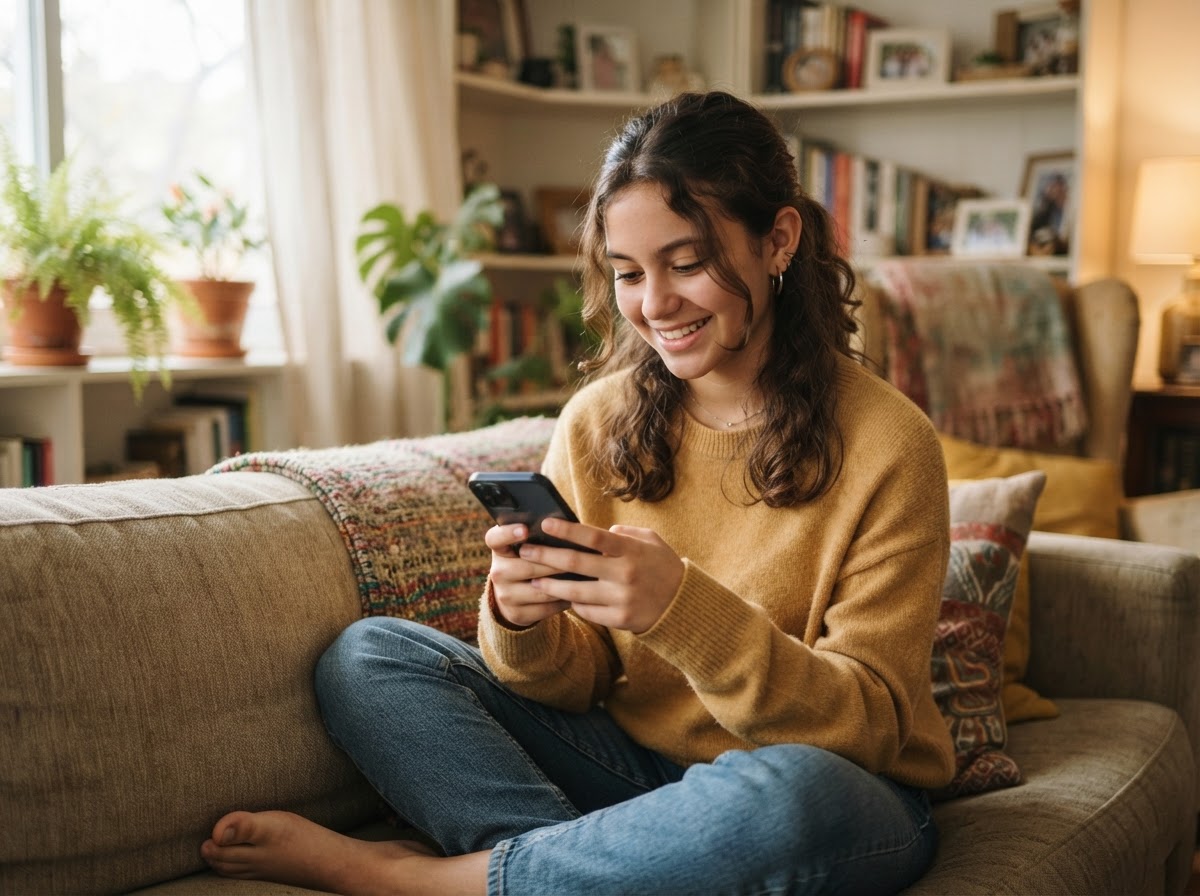 Adolescente usando su celular para conversar por mensajería en el sofá de casa