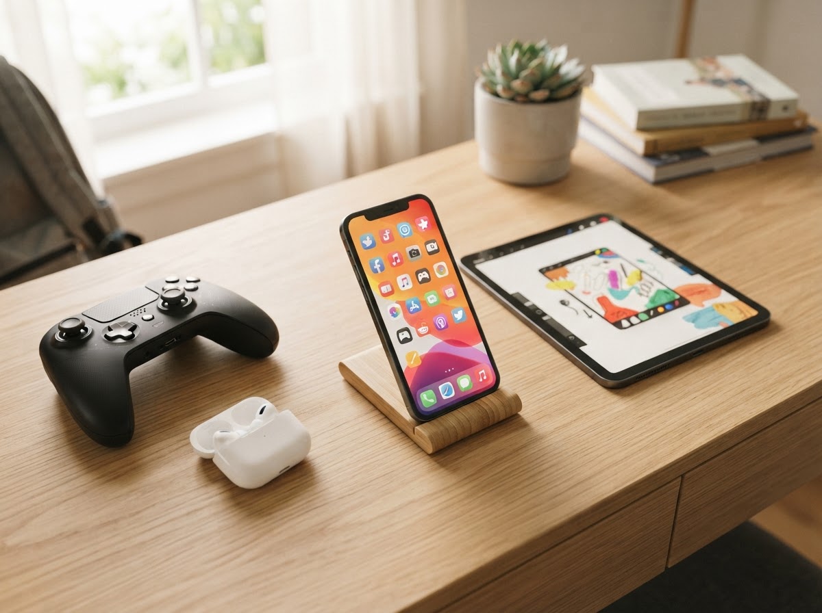Dispositivos, celular, tablet y controles de videojuegos sobre un escritorio