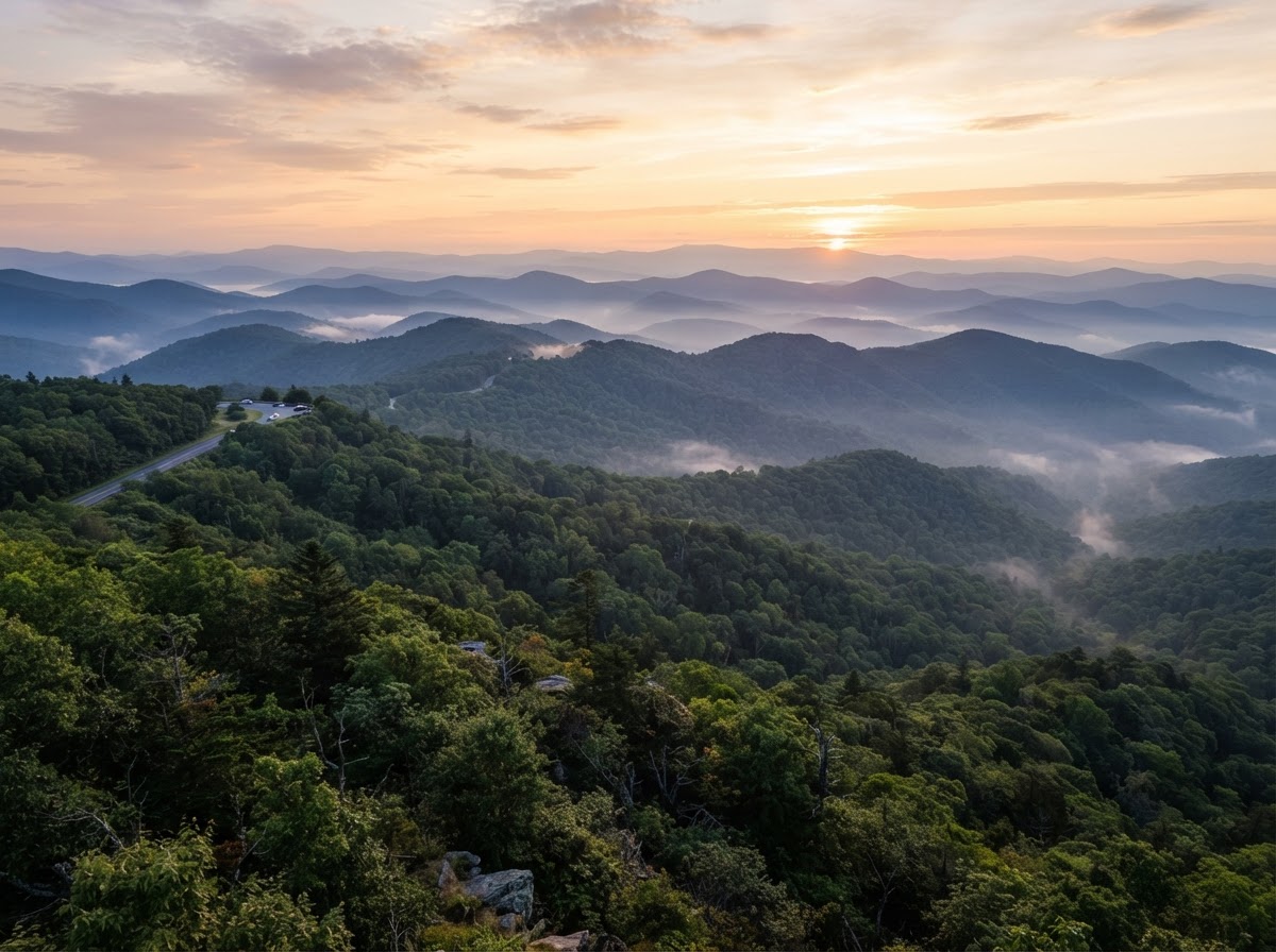 Misty Blue Ridge Mountains of North Carolina at sunrise — Matthew's relocation destination