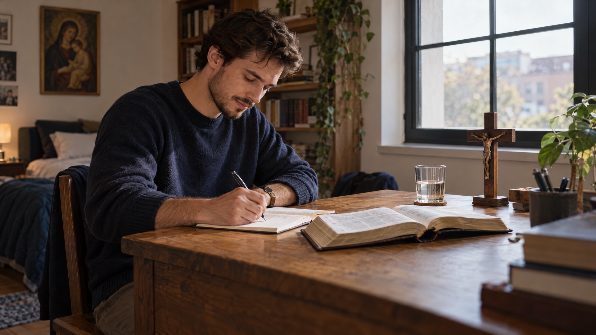 An adult writing in a journal beside Scripture