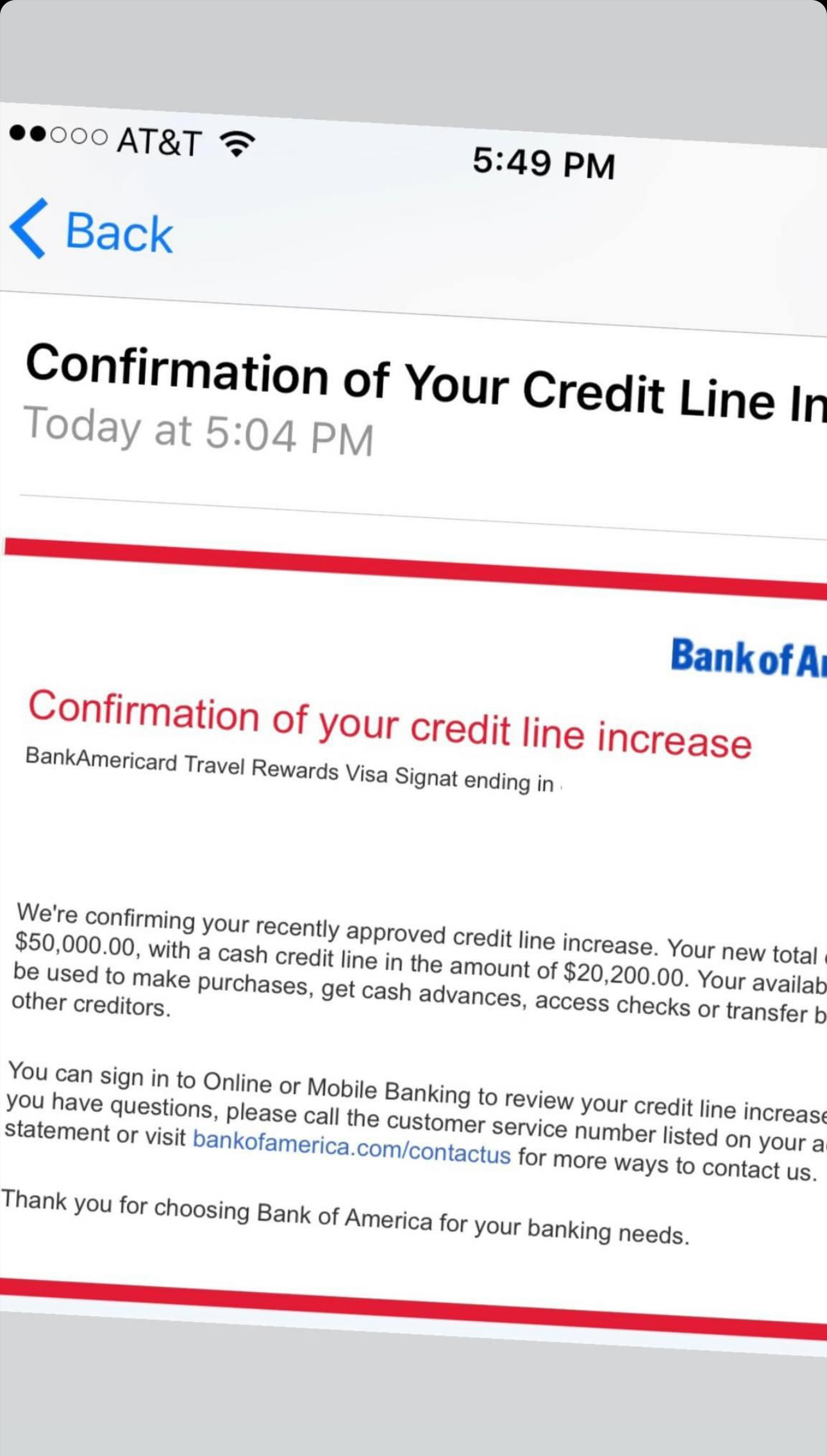 $50,000 Bank of America Credit Line