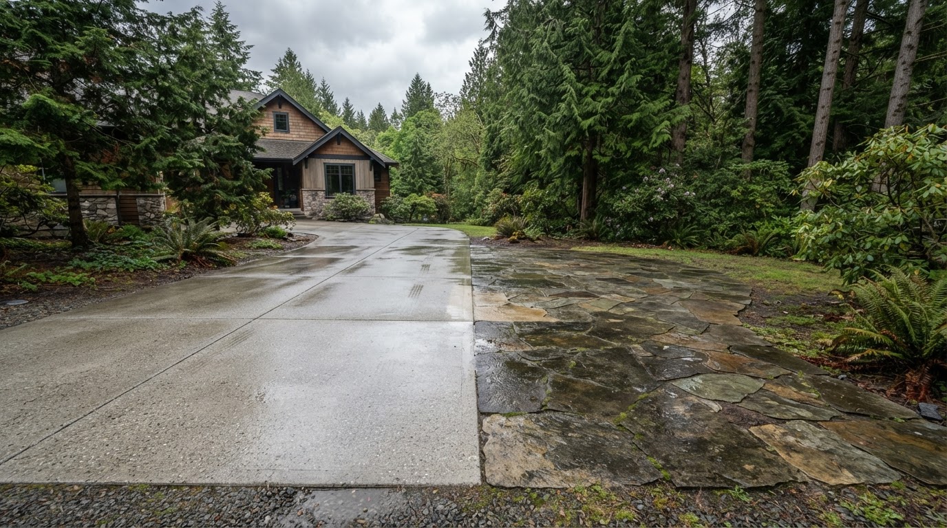 Concrete driveway half covered in dark oil stains and algae, half restored to clean light grey by a pressure washer