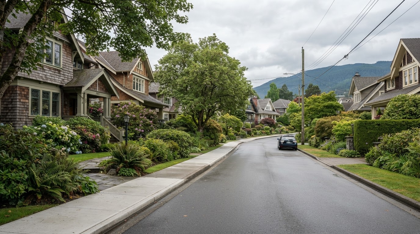 Vancouver residential street with character homes and hedges near the city skyline, established green neighbourhood