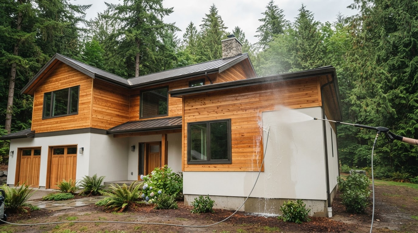 Low-pressure detergent foam being sprayed onto cedar siding streaked with green algae on a home
