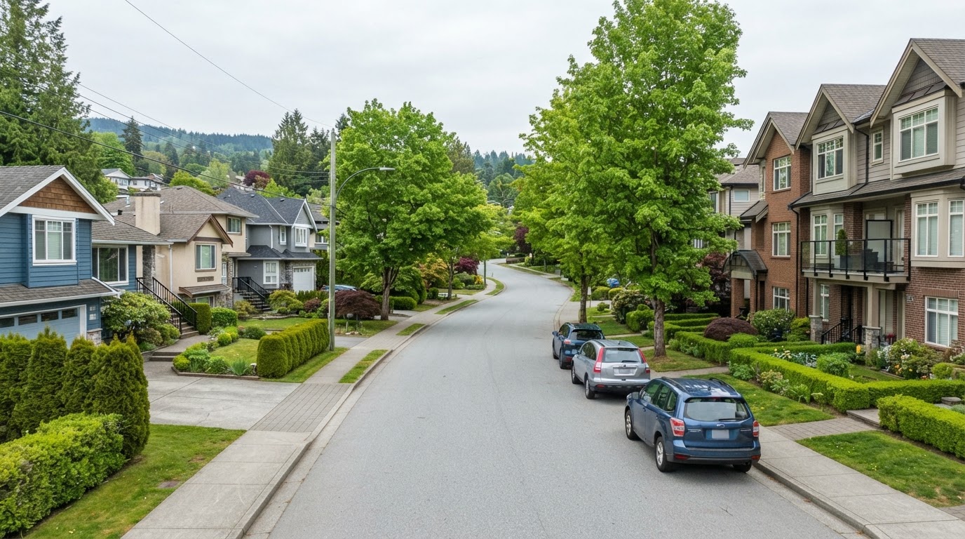 Burnaby suburban residential street with a mix of family homes, townhouses and tidy driveways, green hedges and sidewalks