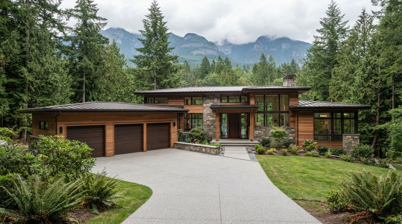Modern Pacific Northwest home with cedar siding and stone accents, clean driveway and walkway surrounded by evergreen trees and North Shore mountains