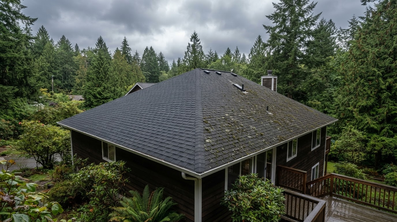 Asphalt-shingle roof half covered in green moss and half cleaned dark and uniform, low-pressure treatment in progress