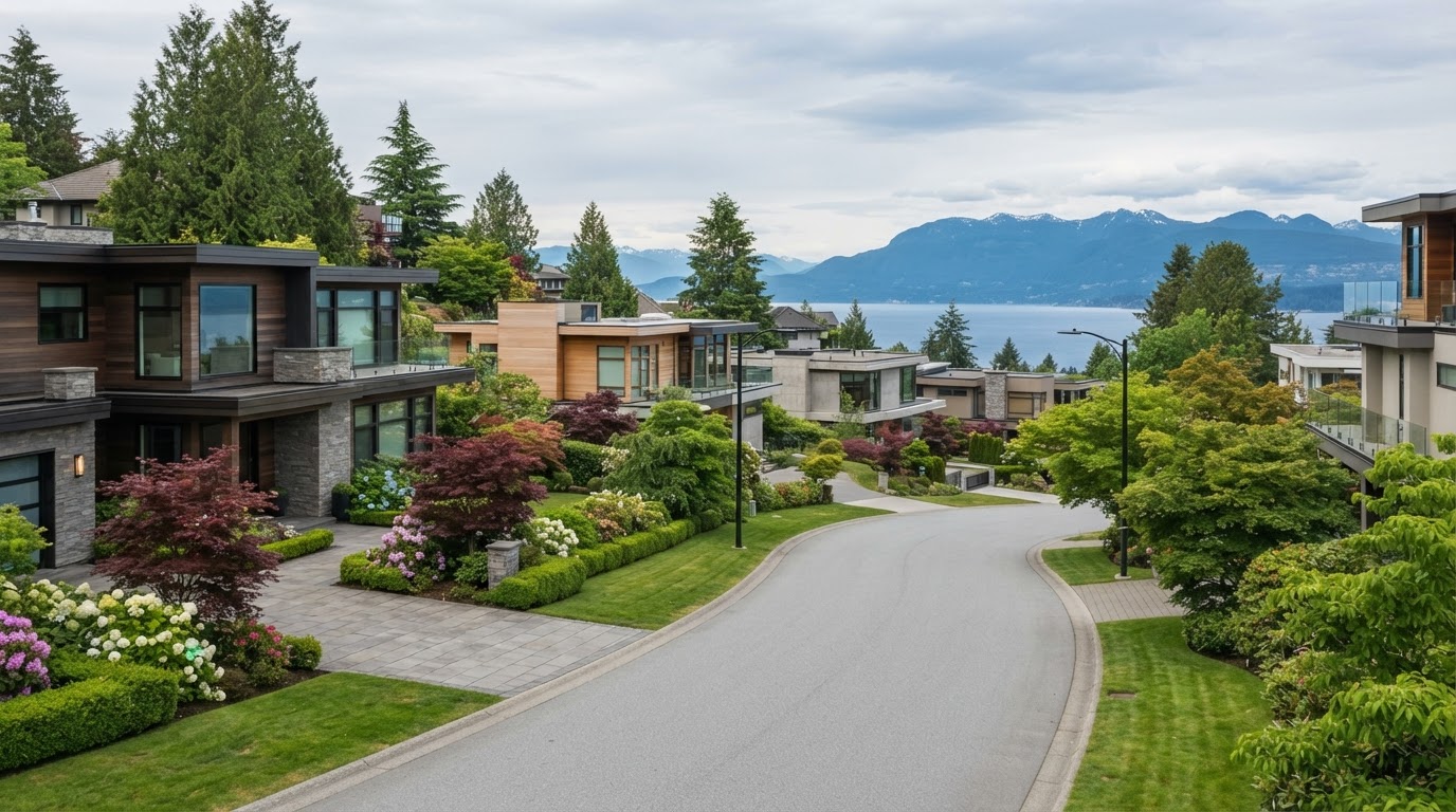 Upscale West Vancouver neighbourhood with manicured homes and gardens, a glimpse of ocean and distant mountains