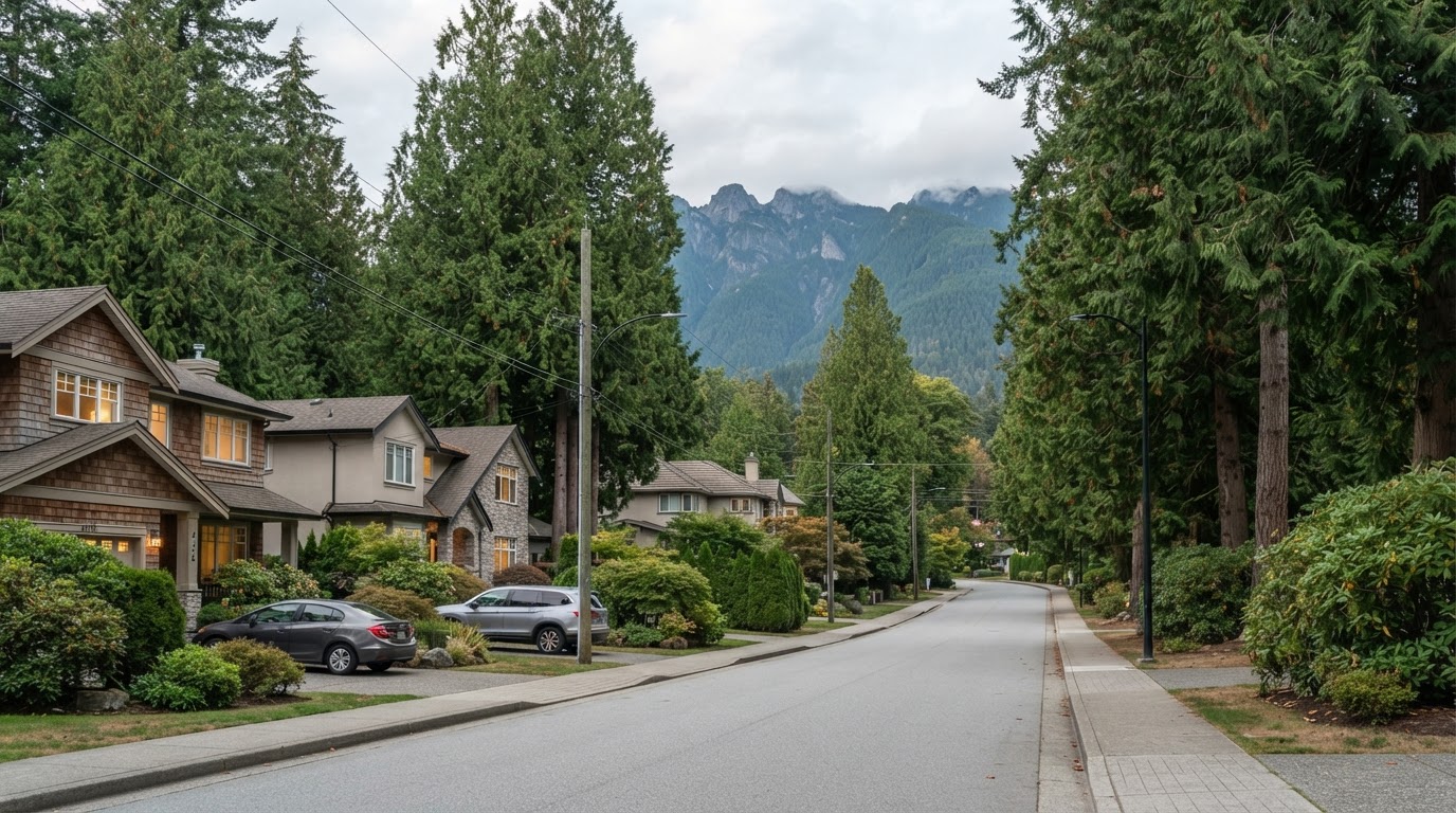 Quiet North Vancouver residential street with detached homes under tall evergreen trees and the North Shore mountains behind