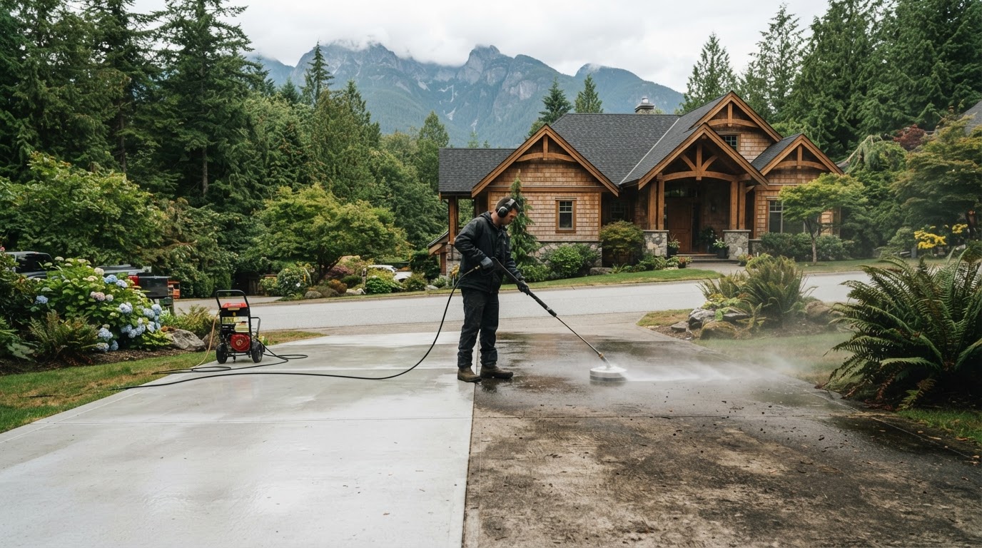 Freshly cleaned craftsman home in North Vancouver with evergreen trees and North Shore mountains behind, driveway and siding gleaming