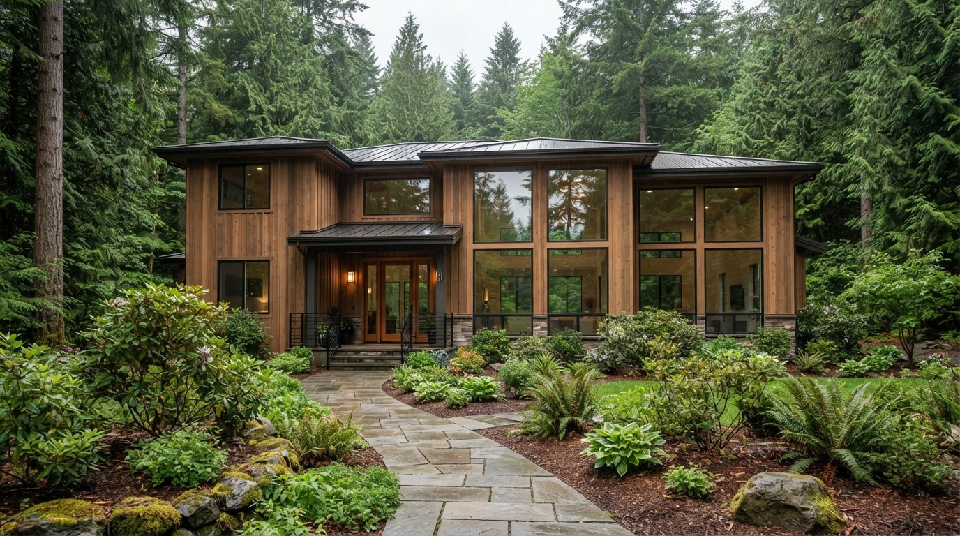 Sparkling clean streak-free picture windows on a Pacific Northwest home reflecting evergreen trees and an overcast sky