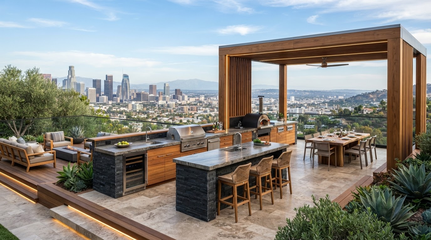 Outdoor kitchen and pergola dining area — design inspiration