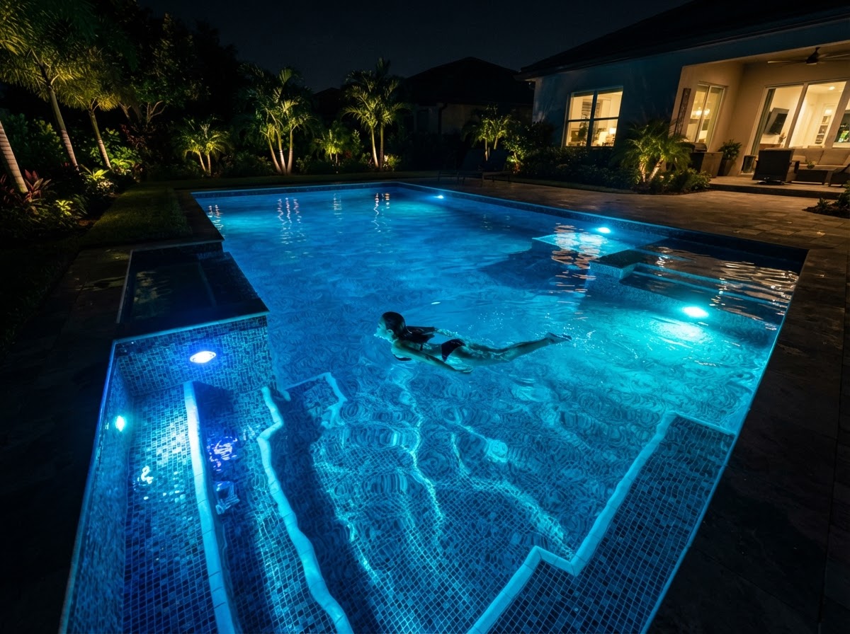 Underwater LED pool lighting glowing at night