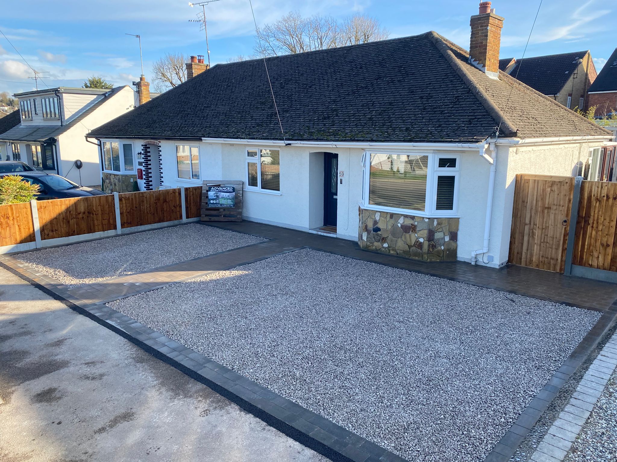 Completed gravel driveway with block paved pathway and border in Essex