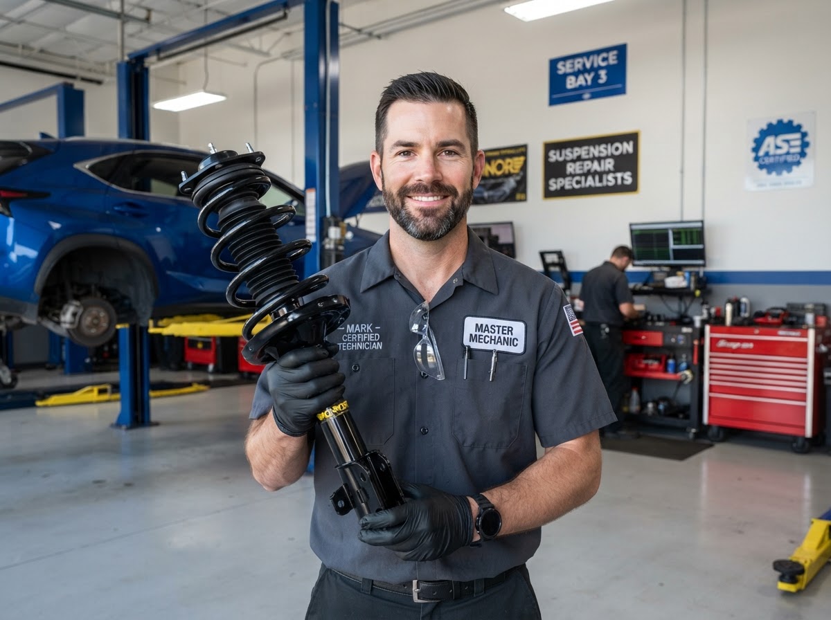 Certified technician holding a new shock absorber and strut assembly at Oasis Tires & Wheels