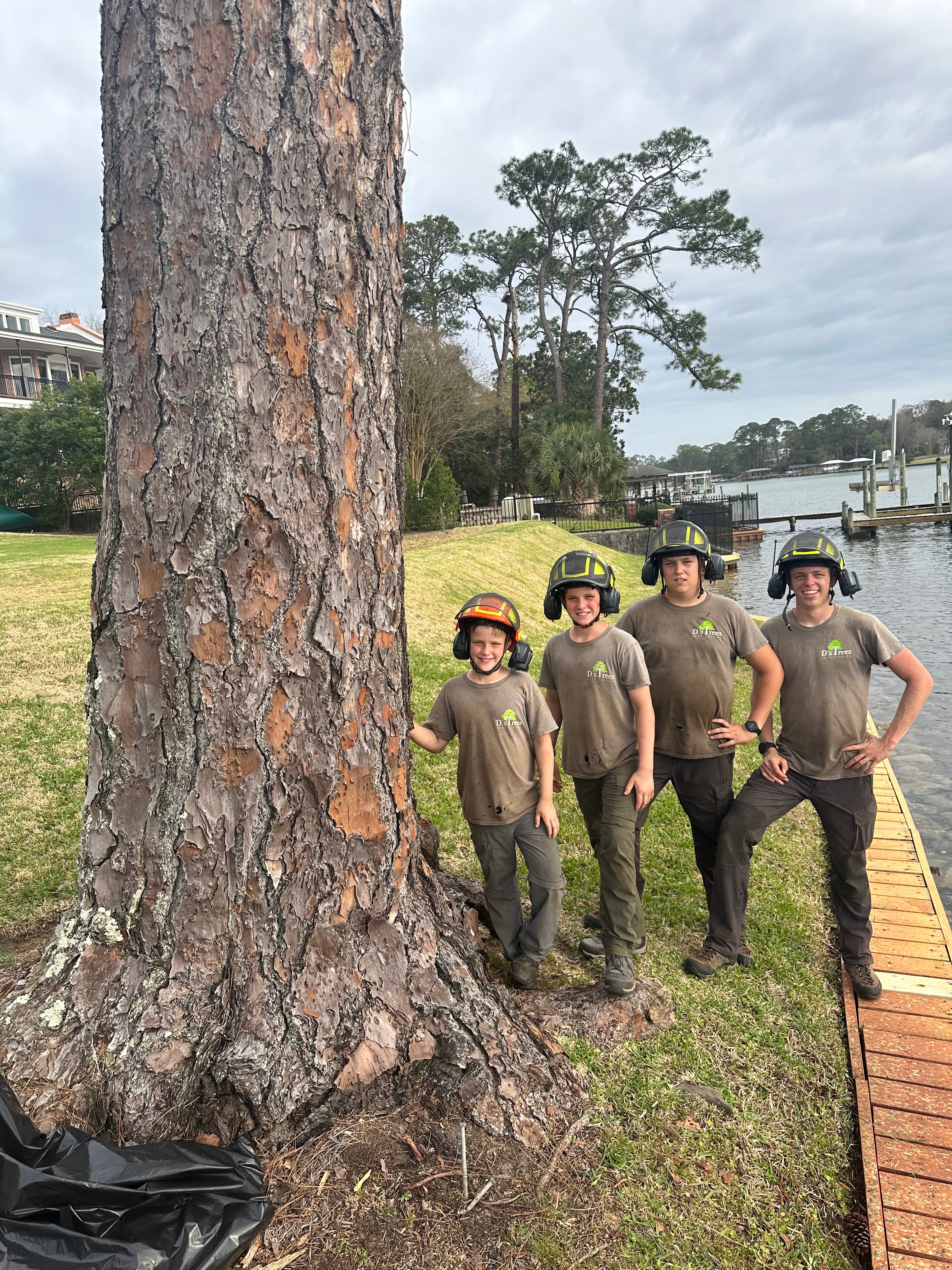 The D's Trees crew on site next to a massive pine tree along the water in Pace, FL
