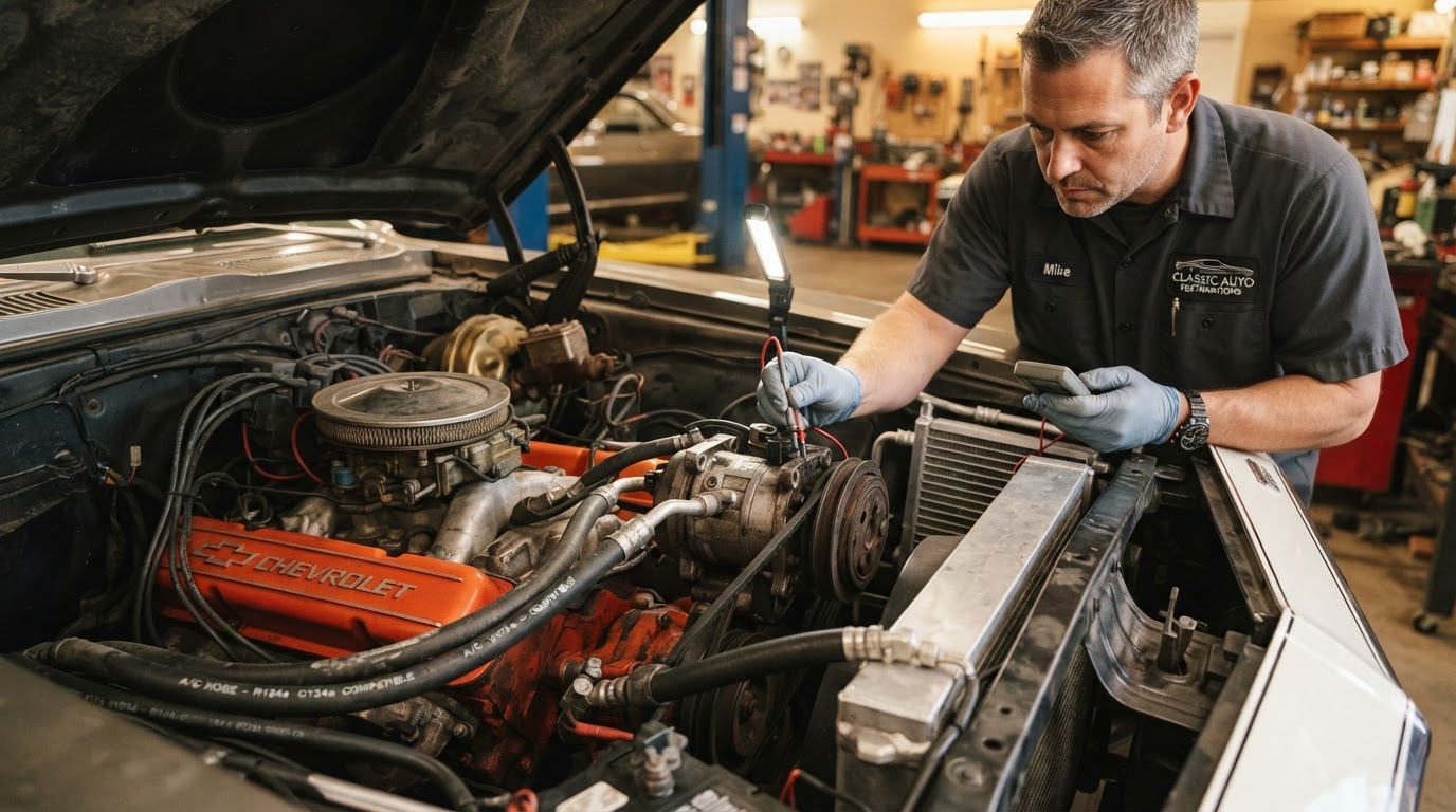 Motor de auto clásico con compresor de aire acondicionado durante revisión técnica