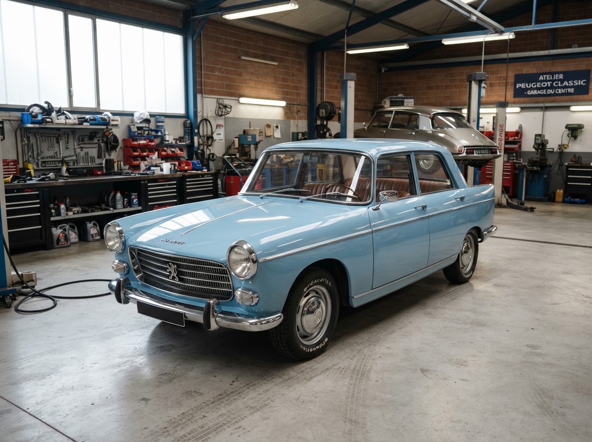 Clásico europeo Peugeot 404 durante revisión de climatización
