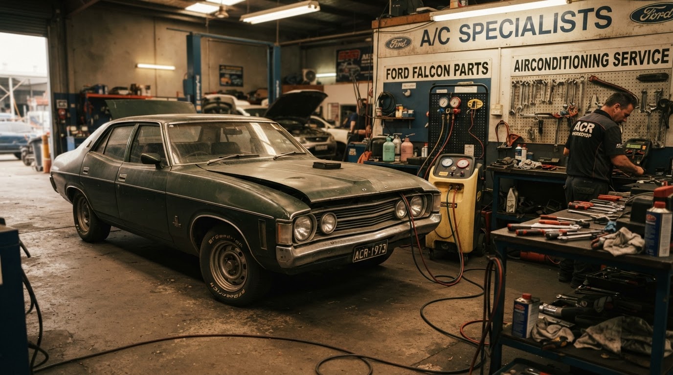 Ford Falcon clásico en taller especializado durante revisión de climatización