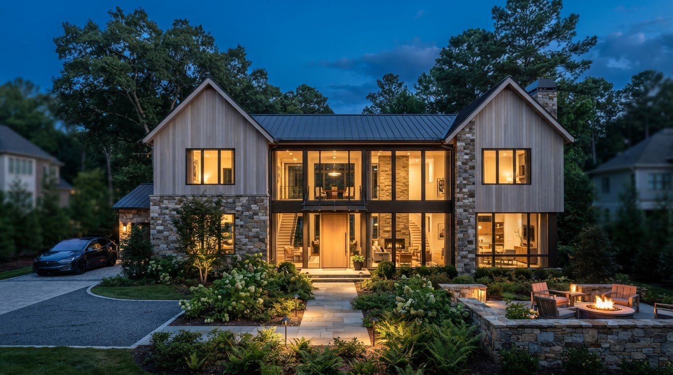 ARKA Development luxury custom home exterior at twilight in Raleigh NC