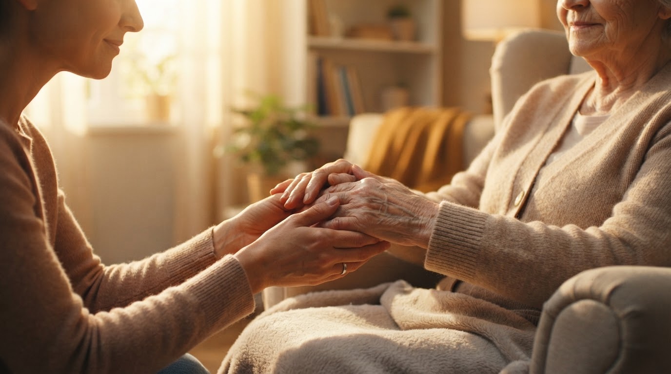 A warm caregiver gently assisting a smiling family member in a sunlit home