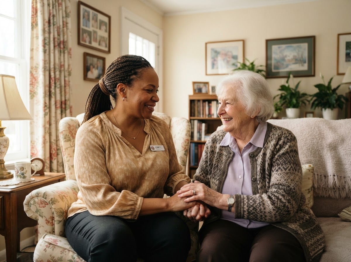 A caregiver's hands gently holding hands, symbolizing compassionate in-home care