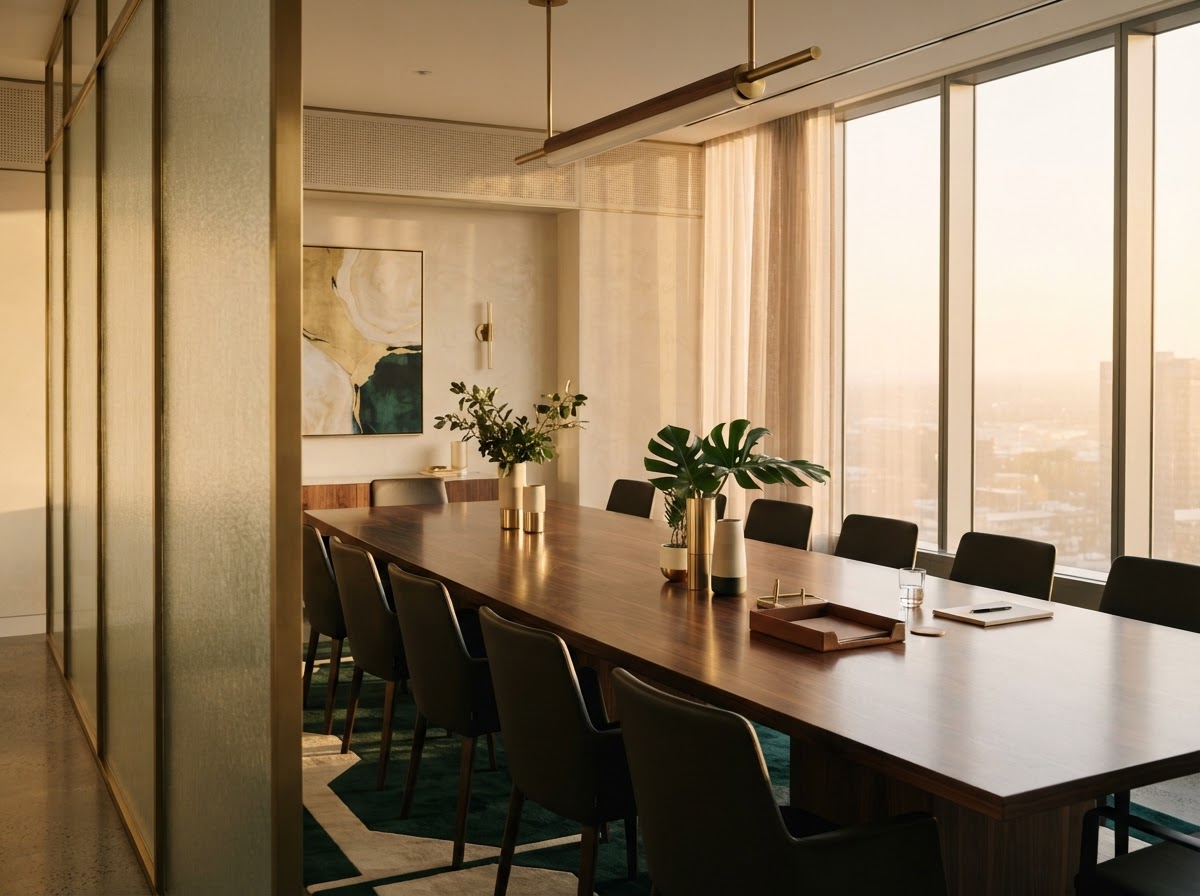 An elegant minimalist boardroom with a polished wood table, brass and emerald accents, and warm afternoon light through large windows