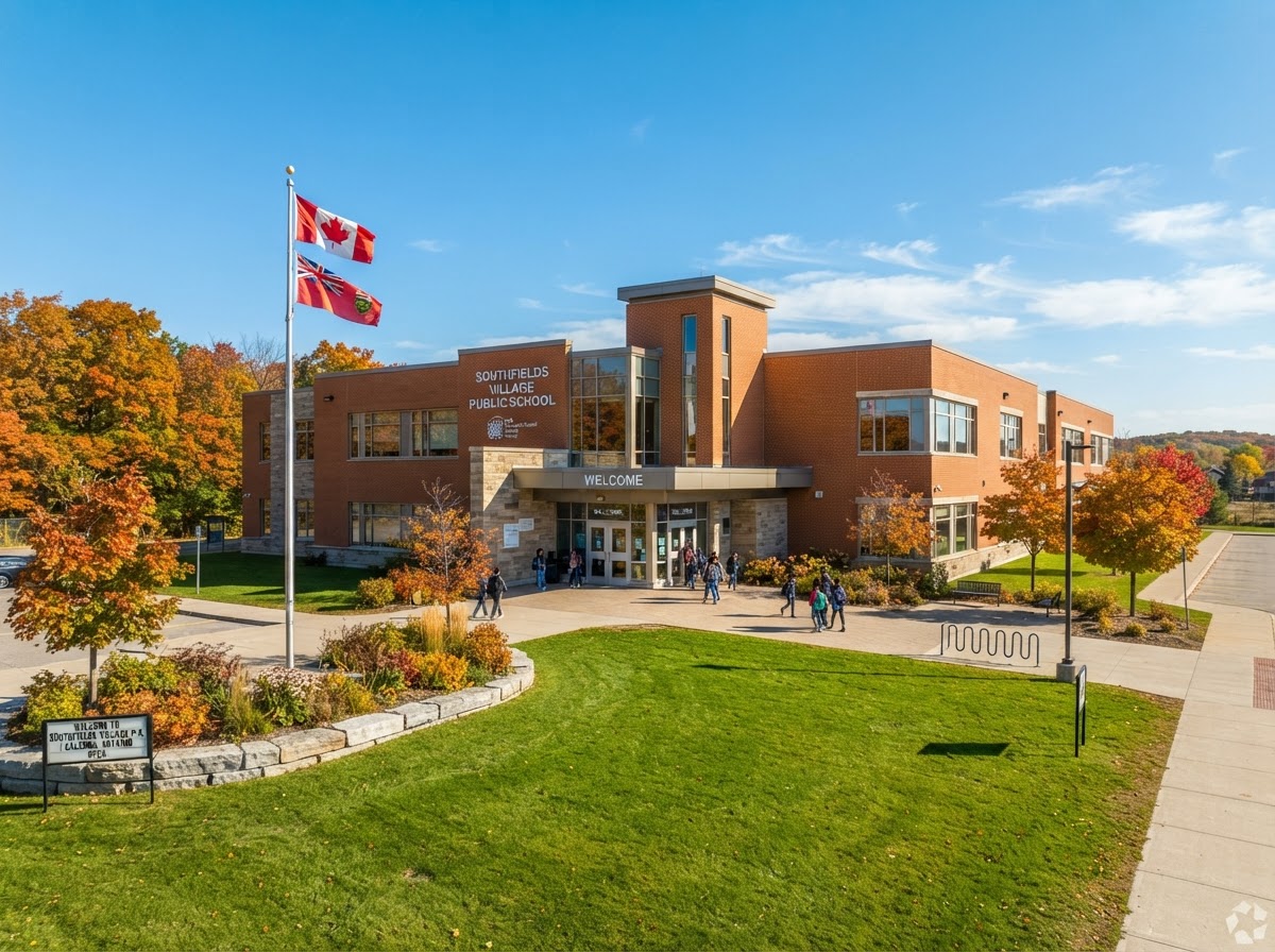 Modern Caledon public school campus with brick facade and playing fields