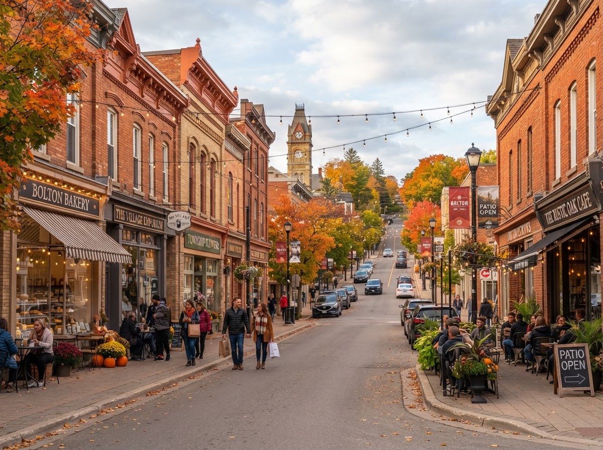 Downtown Bolton Queen Street with boutique shops and cafe storefronts