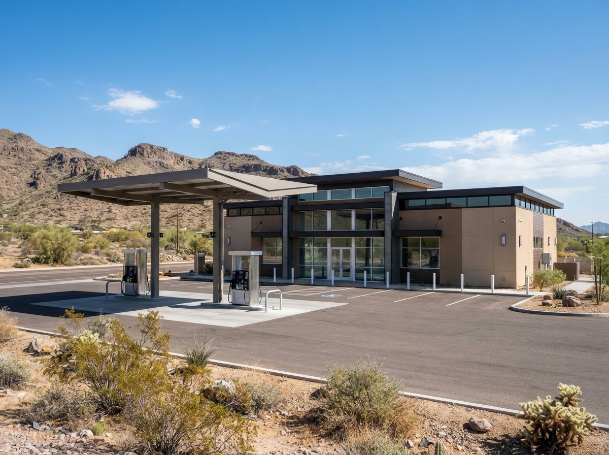 Gas station and convenience store exterior in daylight with desert hills behind