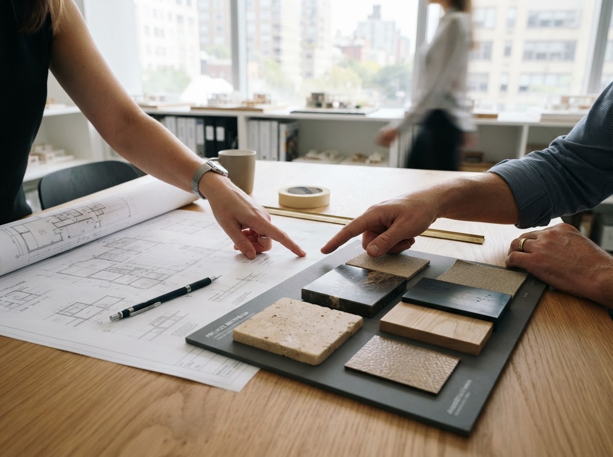 Architectural drawings and a material sample board with stone, wood, and metal swatches on a conference table, with two people pointing at the plans