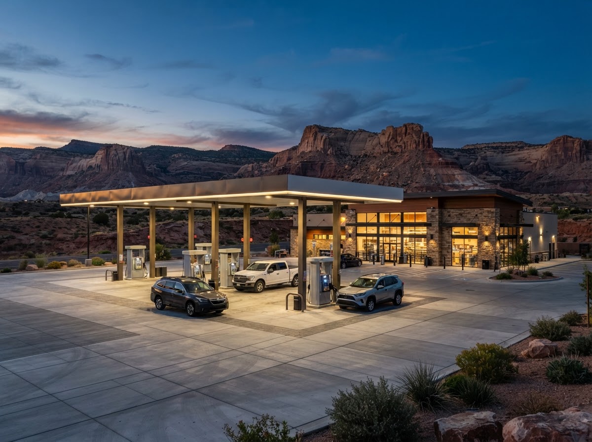 Newly built modern gas station and convenience store at dusk with illuminated fuel canopy