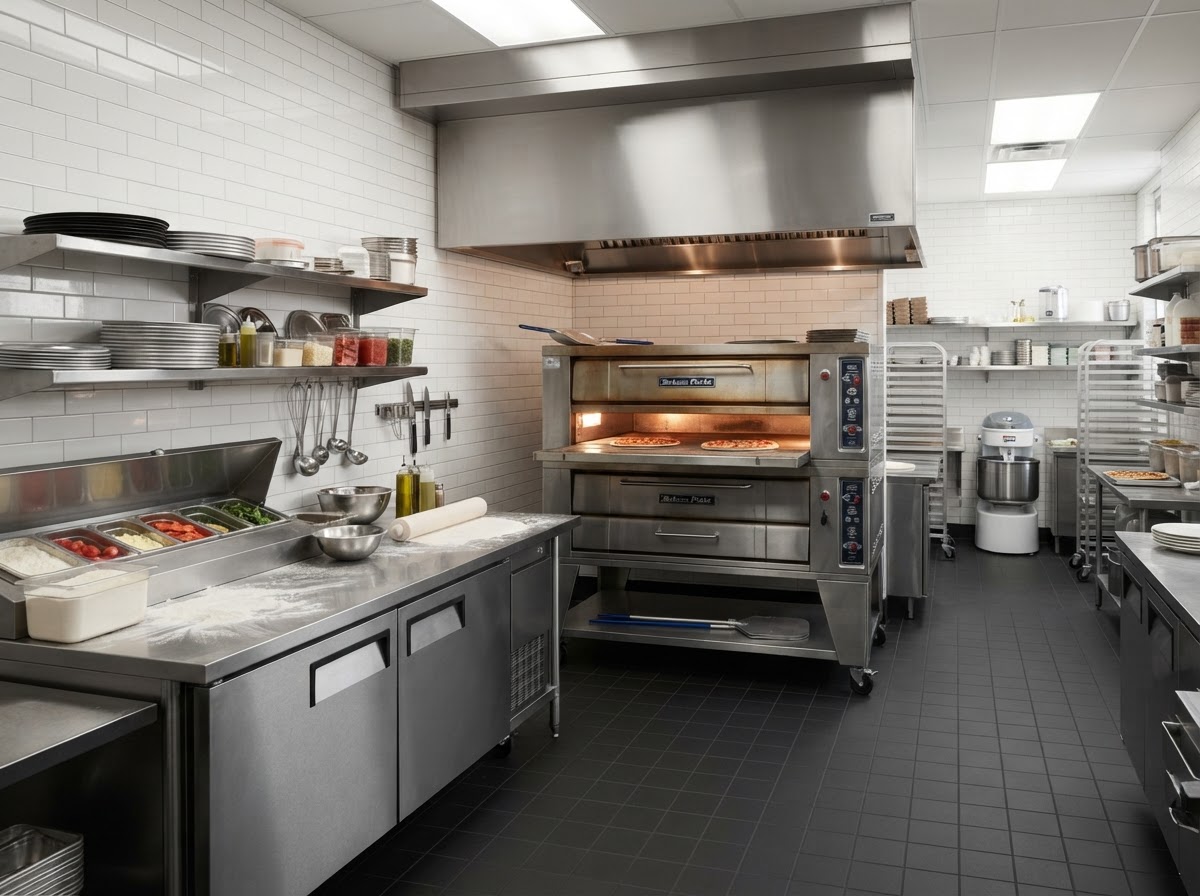 Pizza restaurant kitchen with commercial deck ovens and stainless steel prep surfaces