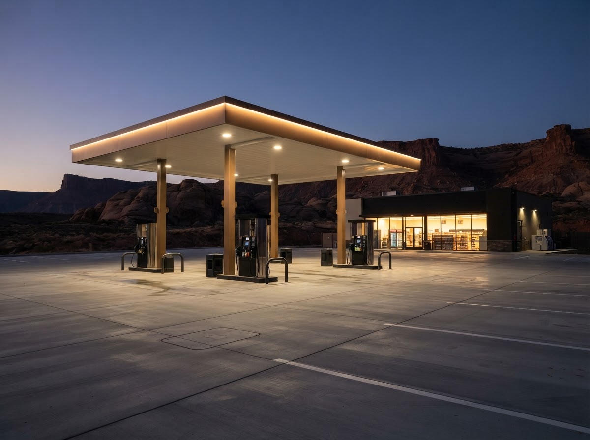 Illuminated fuel canopy over pump islands at dusk
