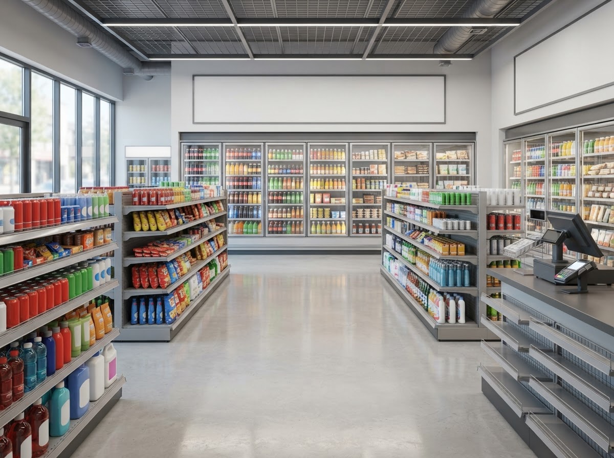 Bright modern convenience store interior with clean aisles