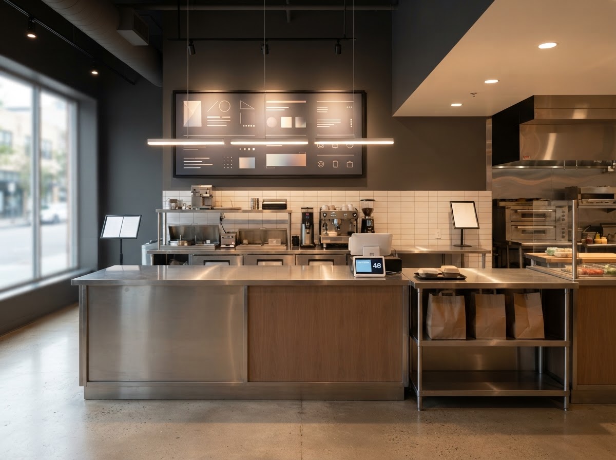 Clean takeout restaurant counter with stainless steel surfaces and a modern order pickup area