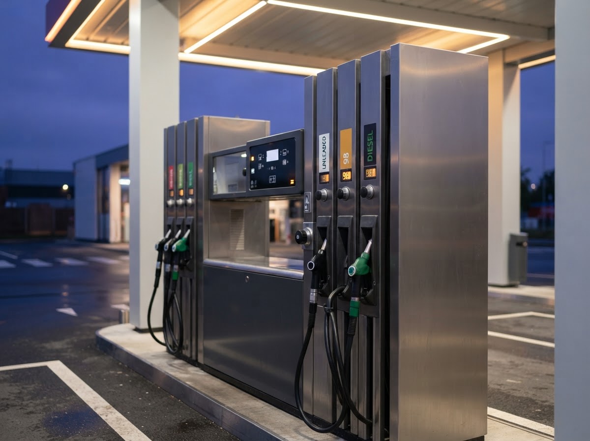 Close-up of modern fuel dispensers under a canopy