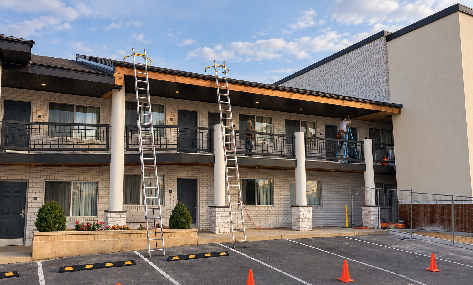Crews performing exterior hotel renovation work on an occupied property with guest rooms and parking area