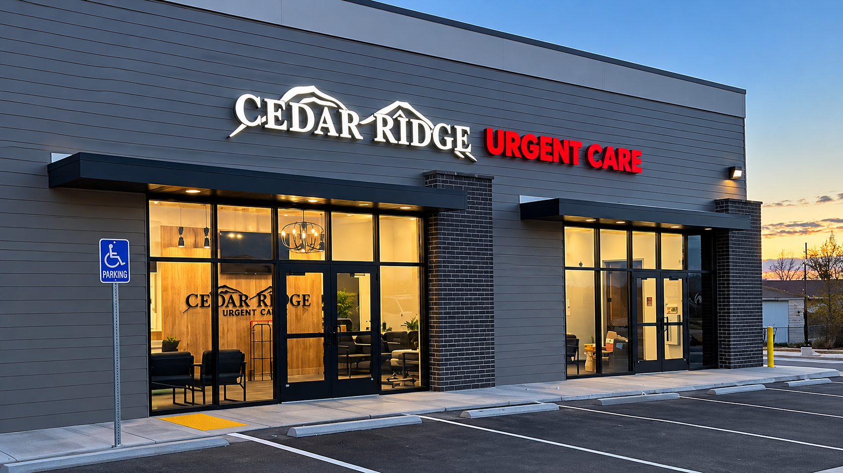 Exterior view of Cedar Ridge Urgent Care storefront at dusk with illuminated signage and storefront entrance