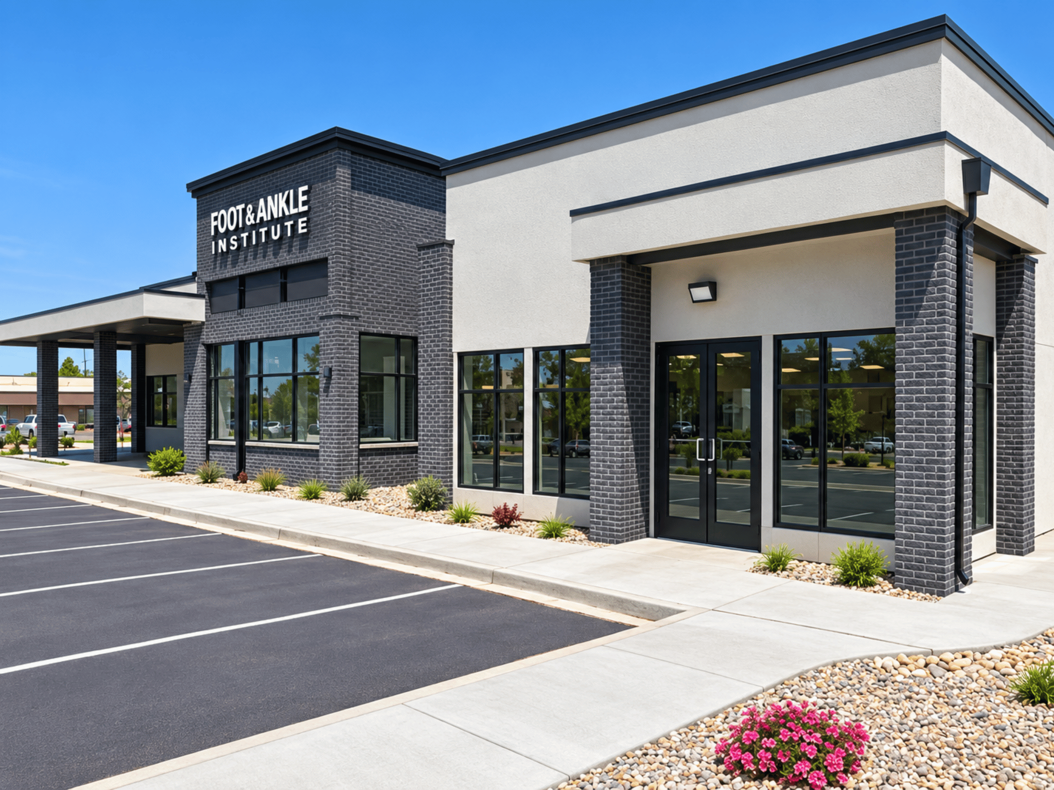 Exterior view of Foot & Ankle Institute modern medical clinic with dark brick masonry and covered entrance canopy in Cedar City, Utah